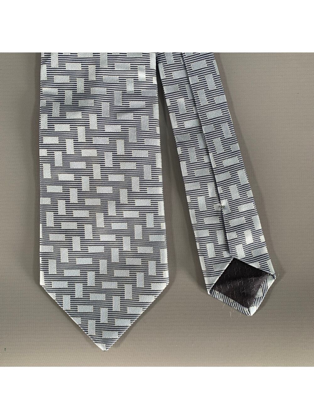 HERMES Navy Light Blue Geometric Silk Tie